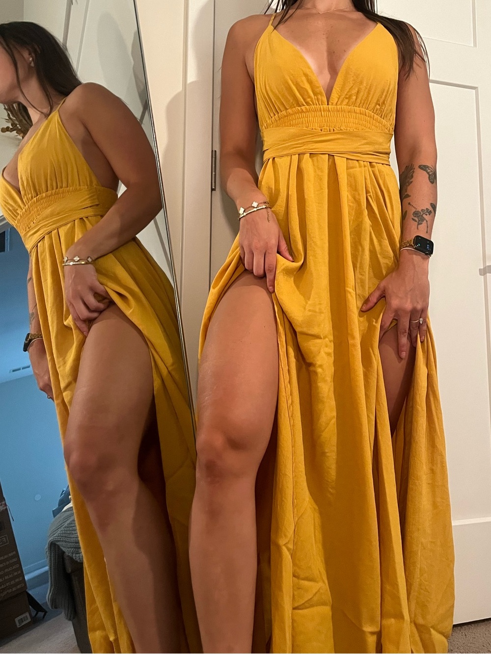 Fashion Nova Mustard Yellow Deep V High-Slit Maxi Dress